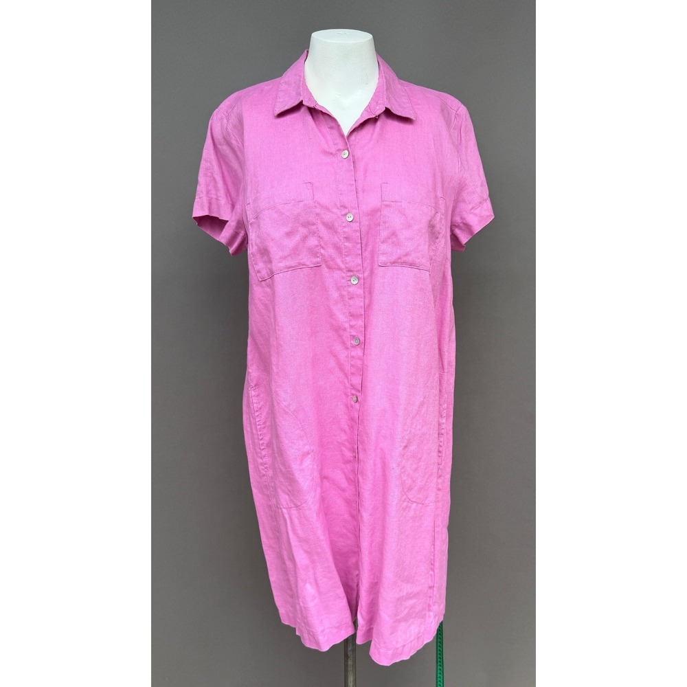 J Jill Linen Shirt Dress Medium Pink Short Sleeve Button Front Pockets Coastal - Picture 14 of 15
